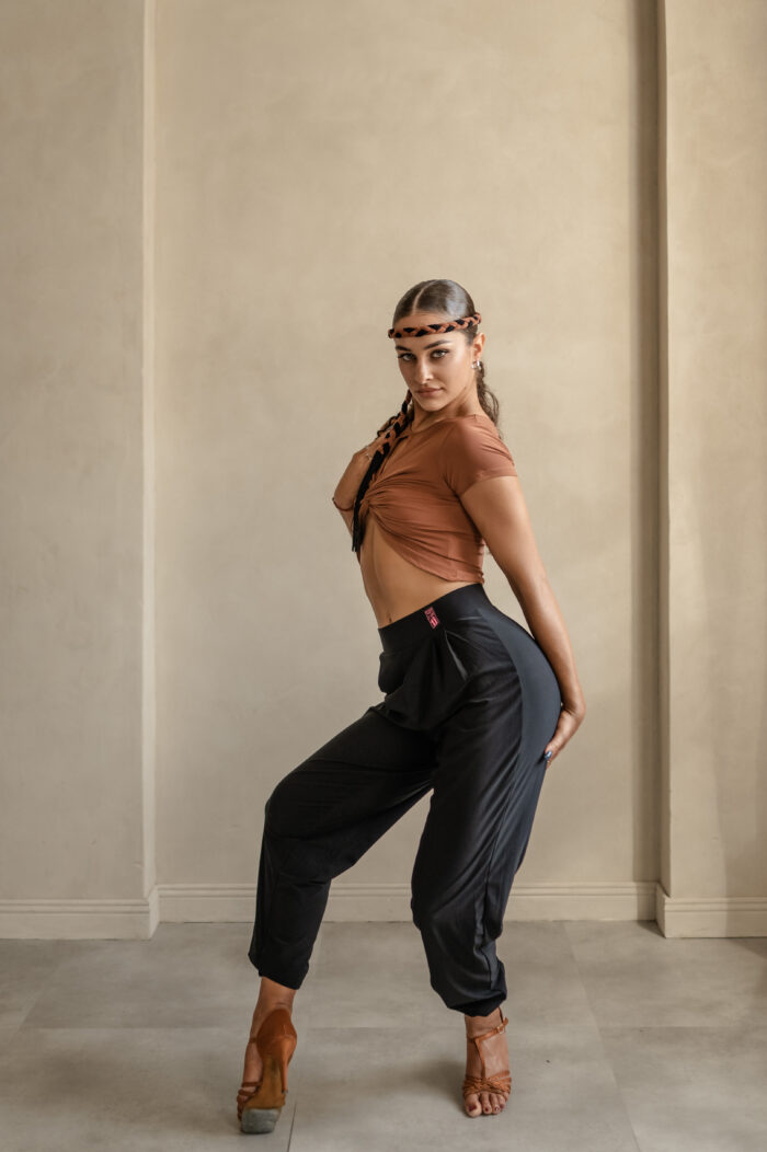 High-waisted Latin dance pants with an elastic waistband