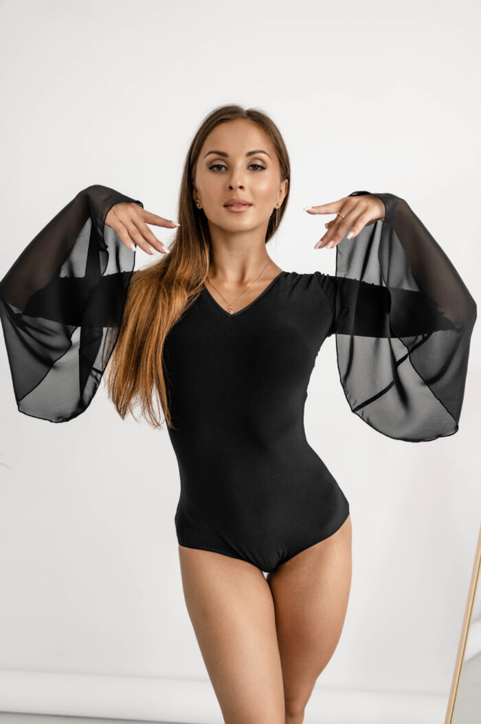 Elegant standard dance bodysuit with a triangle neckline, V-shaped cutout on the back, and chiffon sleeves.