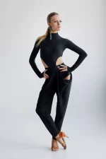 Original Latin dance bodysuit with long sleeves, turtleneck, high side cutouts, and a teardrop-shaped cutout on the back.