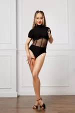 Universal dance bodysuit for standard and Latin dance with short sleeves, turtleneck, and decorative mesh insert at the waist.