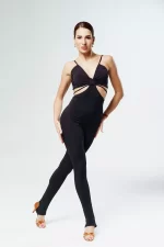 Stylish dance jumpsuit with ties, open back, and split-leg design. Available in black and leopard print.