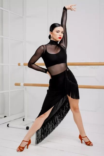 Long fringe Latin dance skirt accentuating legs and providing comfort during movement.