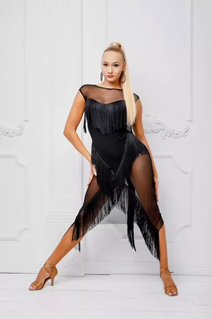 Latin dance dress with mesh inserts and fringe accents, made from jersey, comes with shorts