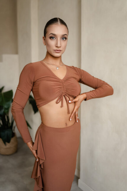 Elegant Long-Sleeve Dance Top with V-Neck and Adjustable Drawstrings